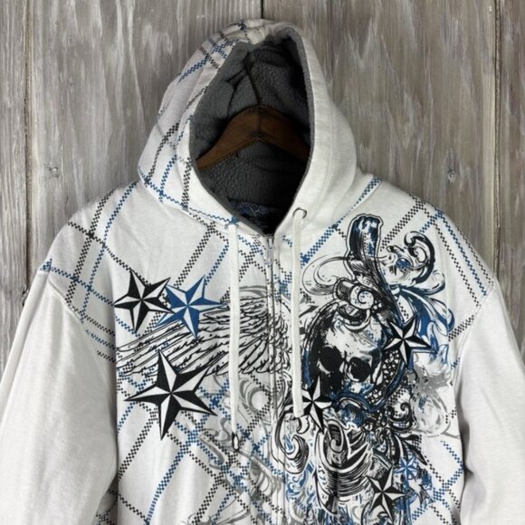 VTG Sapphire Lounge Y2K Tribal White Full Zip Hoodie Mens S Sherpa Skate Skull - Picture 2 of 10
